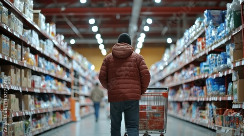 A shopper navigating through a wholesale club store with a list and a full cart.