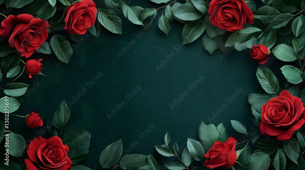 A Decorative Arrangement of Red Roses with Green Leaves A Decorative Arrangement of Red Roses with Green Leaves