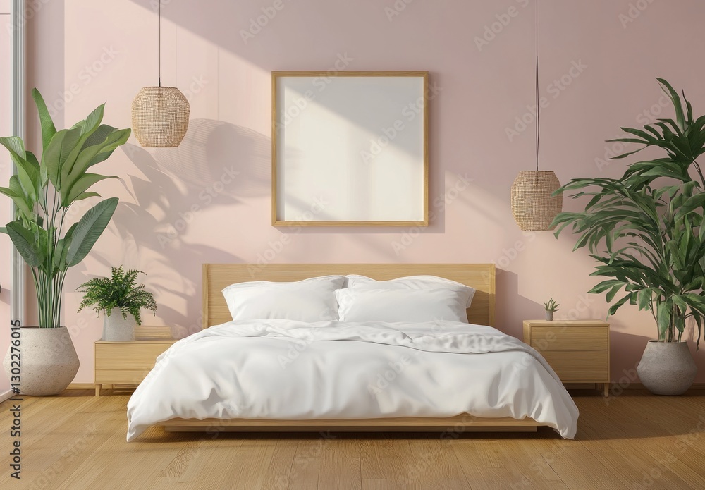 Fototapeta premium Minimalist bedroom with wooden bed, plants, and pink wall.