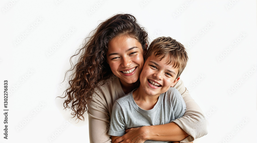 Smiling mother and child hugging on a white background, radiating warmth and love Smiling mother and child hugging on a white background, radiating warmth and love