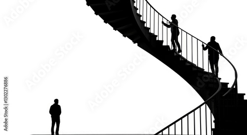 Minimalist black-and-white illustration of two silhouetted figures on a spiral staircase creating an optical illusion.