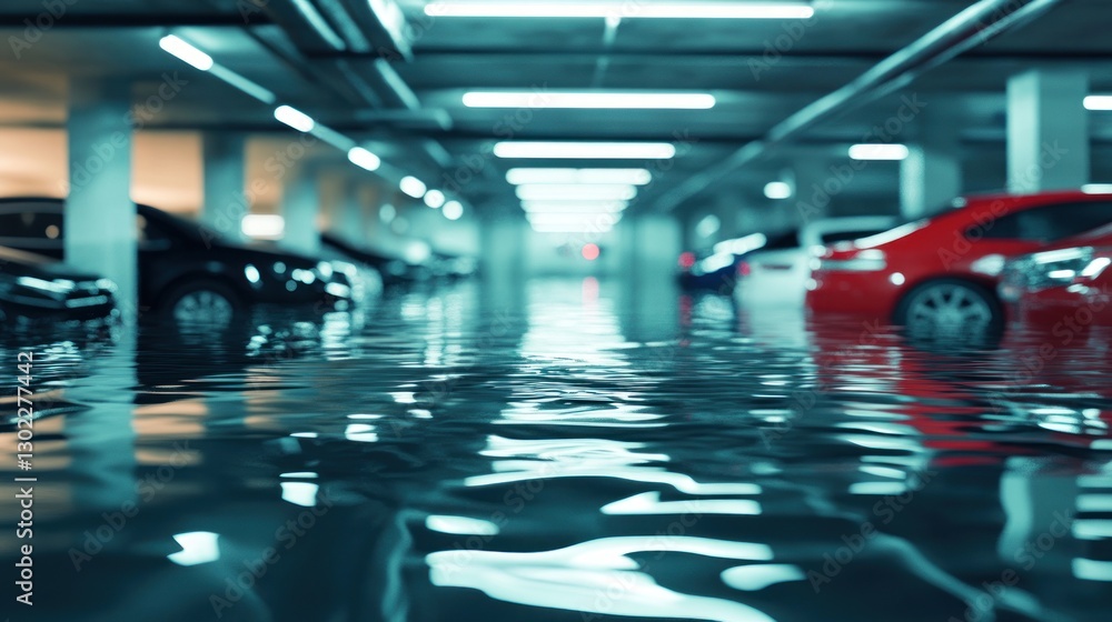Obraz premium Submerged Cars in a Flooded Underground Parking Garage