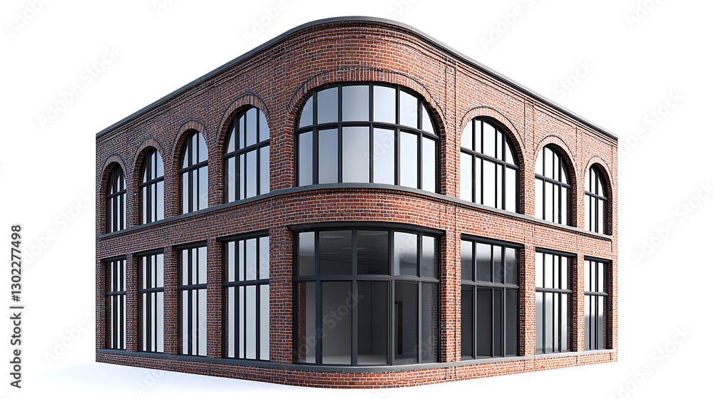Fototapeta premium A two story brick building with arched windows and black frames on a white background corner view.