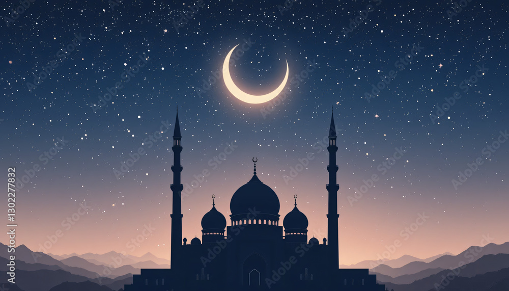 Crescent Moon and Mosque Outline Crescent Moon and Mosque Outline