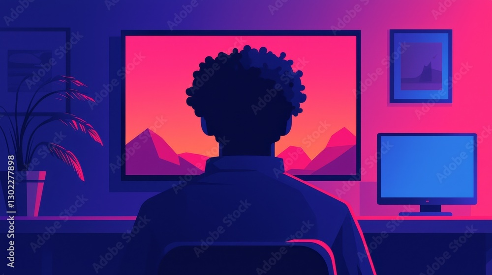 A person with curly hair sits in front of a computer and a vibrant TV screen displaying a colorful landscape in a dimly lit room. A person with curly hair sits in front of a computer and a vibrant TV screen displaying a colorful landscape in a dimly lit room.