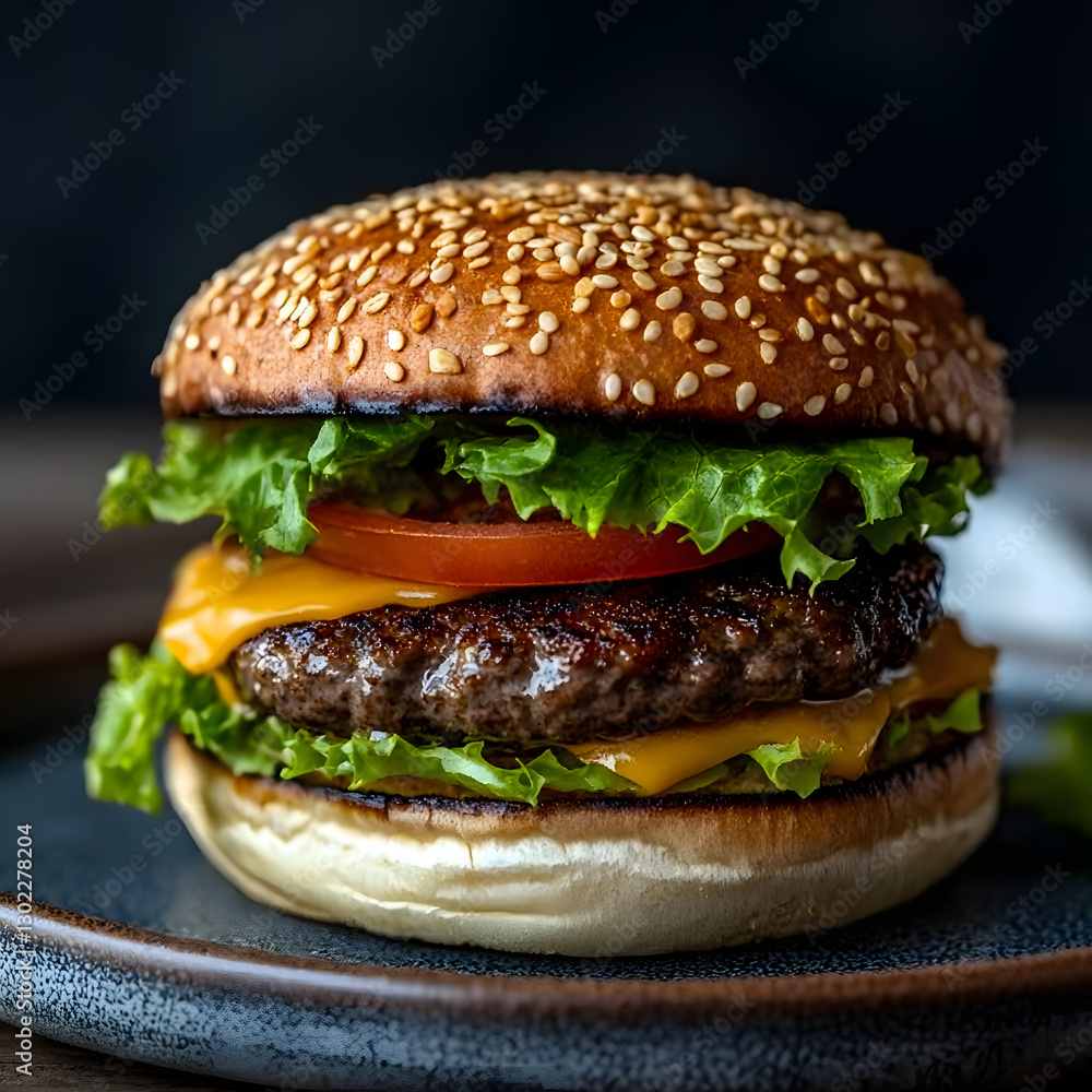 A hamburger with lettuce, tomato, and cheese on a plate