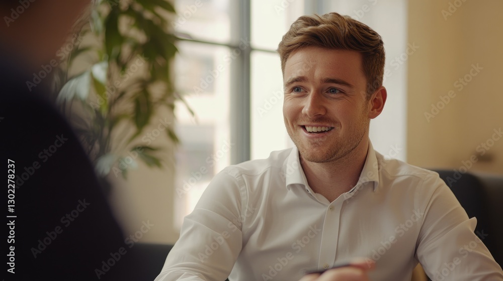 Smiling businessman in a meeting, office setting, positive business communication Smiling businessman in a meeting, office setting, positive business communication