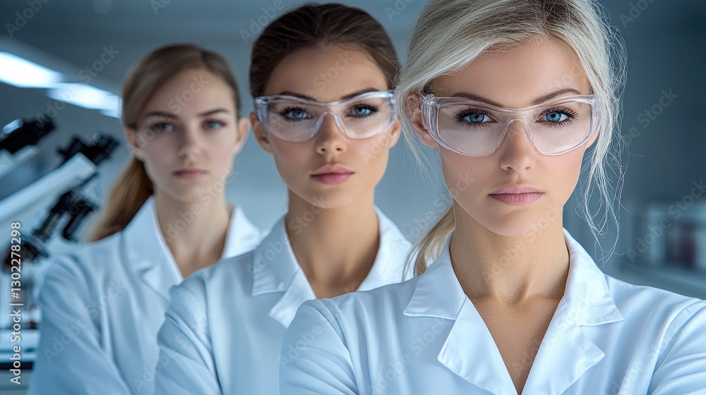 Diverse female scientists in lab coats, focused and determined in laboratory setting Diverse female scientists in lab coats, focused and determined in laboratory setting