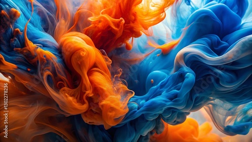Abstract swirling blue and orange ink, minimalist vibrant liquid art background