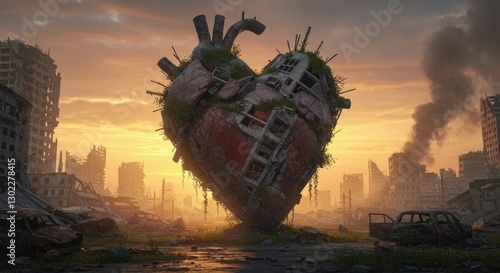 A surreal digital artwork of a broken heart filled with buildings set in an apocalyptic sunset cityscape.