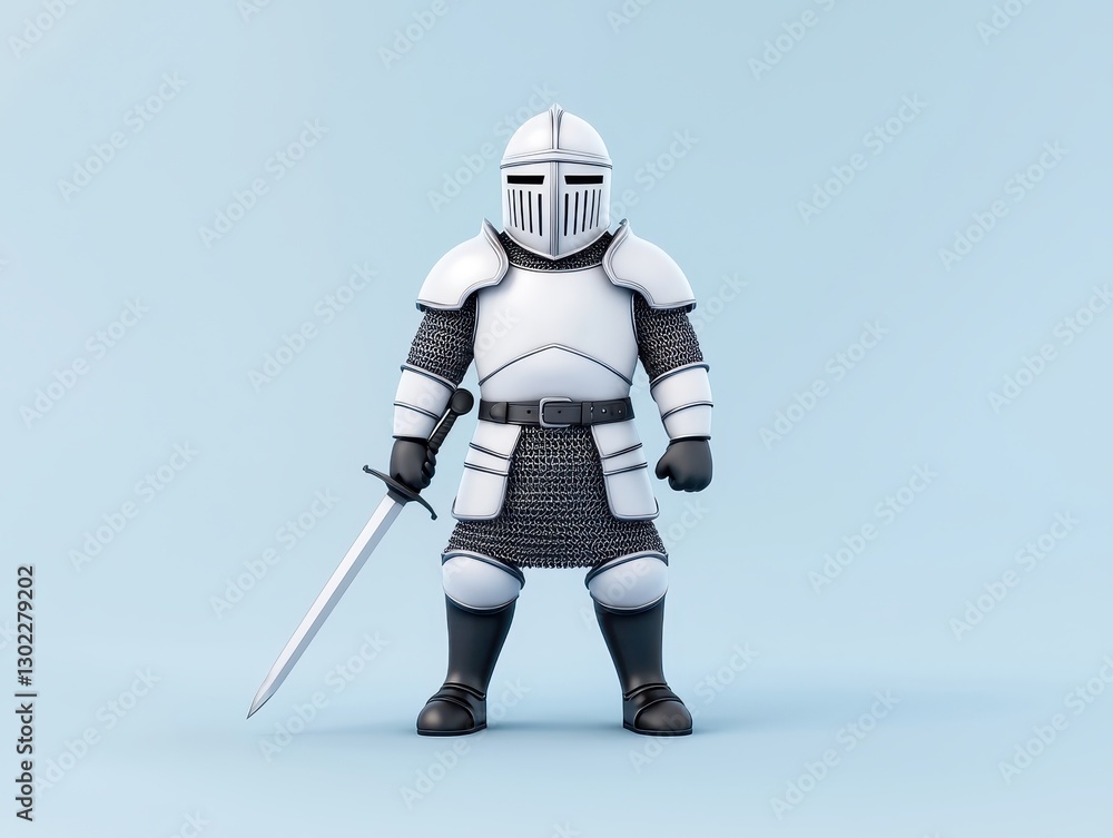 Cartoon knight in shiny armor holding a sword against a light blue background Cartoon knight in shiny armor holding a sword against a light blue background