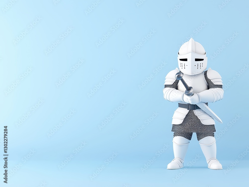 Fototapeta premium Cartoon knight in armor standing confidently on a light blue background, ready for adventure