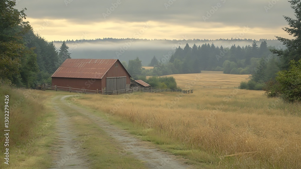 Barn stands in field, foggy, rural farmland scene Barn stands in field, foggy, rural farmland scene