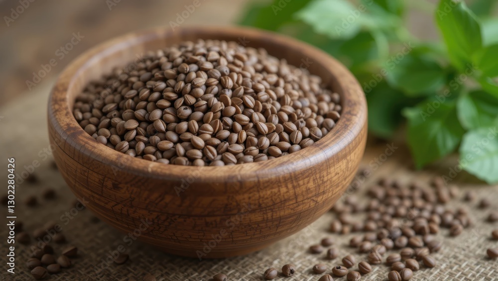Freshly Harvested Brown Seeds in a Wooden Bowl with Mint Leaves on Rustic Table Freshly Harvested Brown Seeds in a Wooden Bowl with Mint Leaves on Rustic Table