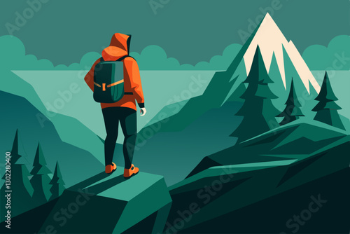 Lone Hiker Standing on Mountain Peak – Adventure & Exploration Concept