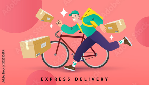 Vector of man riding bicycle with shopping bags and floating parcels. Represents express delivery, local shopping, and eco-friendly transport service.