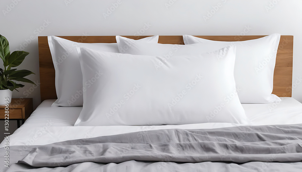 Obraz premium Arranged Bed with White Pillows and Gray Blanket for Comfortable Sleep