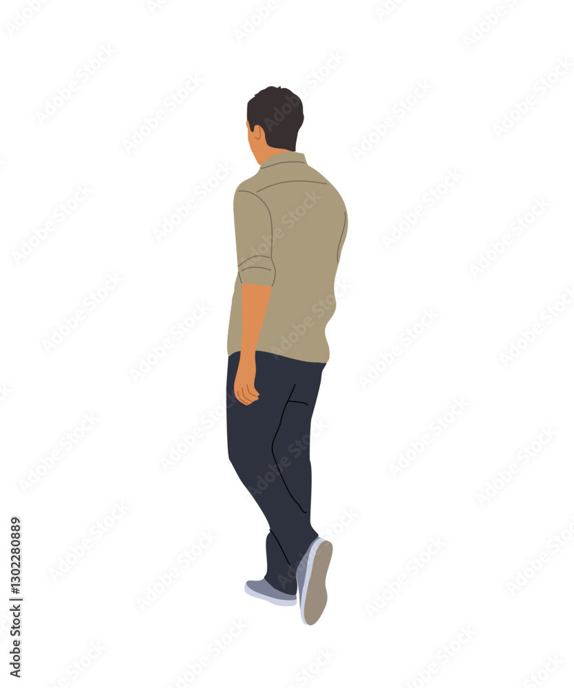 Young man Standing Back View. Cartoon Male Character Wearing casual summer street fashion outfit Rear View vector realistic illustration Isolated Young man Standing Back View. Cartoon Male Character Wearing casual summer street fashion outfit Rear View vector realistic illustration Isolated