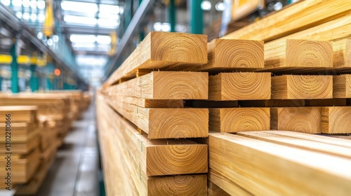 A production line where lumber is being cut and treated for construction use