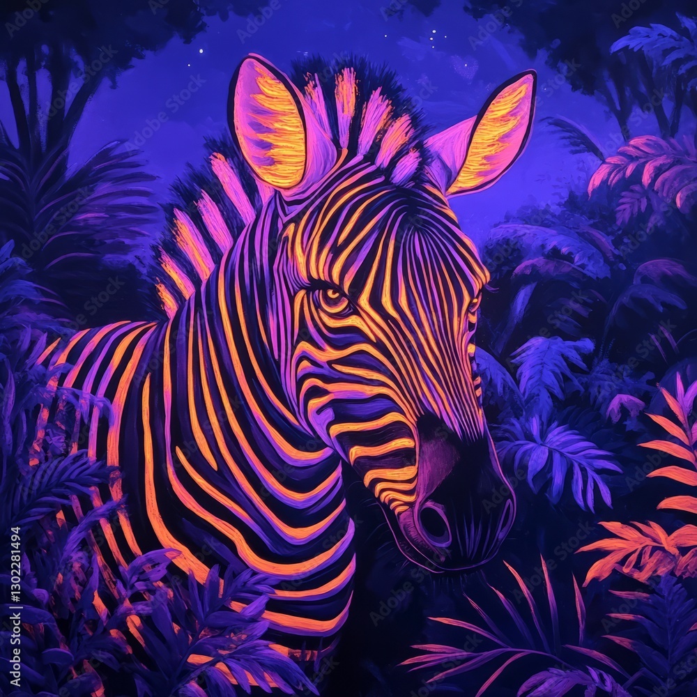 Neon zebra with alternating orange and purple lines in a glowing jungle setting Neon zebra with alternating orange and purple lines in a glowing jungle setting