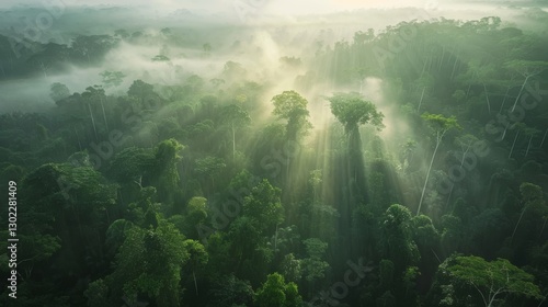 Lush Green Forest with Sunlight Rays in Morning Mist