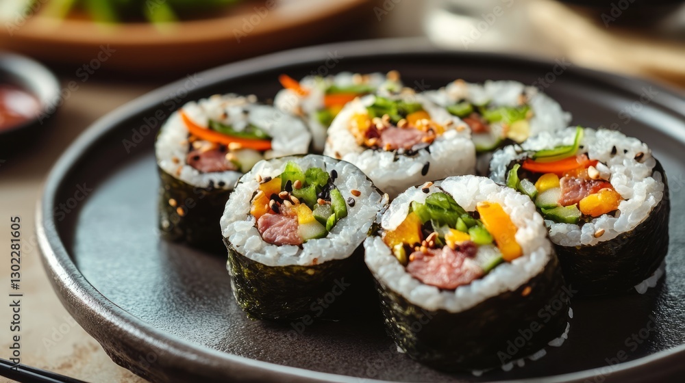 Kimbap (Korean seaweed rice rolls) are rice rolls with vegetables and meat wrapped in seaweed. Kimbap (Korean seaweed rice rolls) are rice rolls with vegetables and meat wrapped in seaweed.