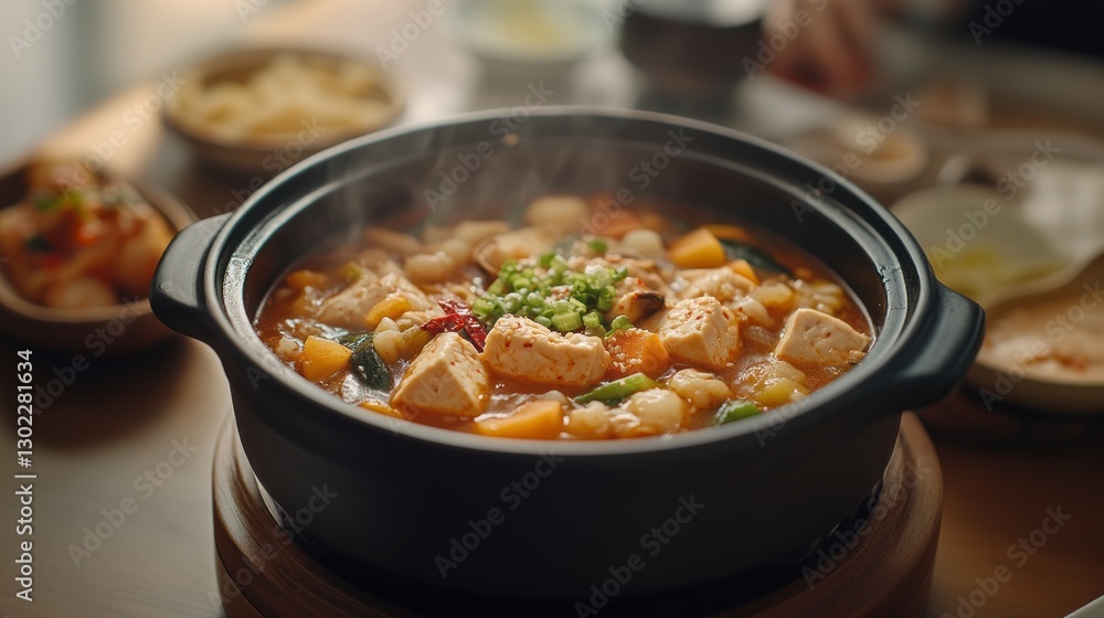 Soft Tofu Soup (Sundubu Jjigae) A hot and spicy soft tofu soup with vegetables and seafood, topped with green onions and red pepper. Soft Tofu Soup (Sundubu Jjigae) A hot and spicy soft tofu soup with vegetables and seafood, topped with green onions and red pepper.