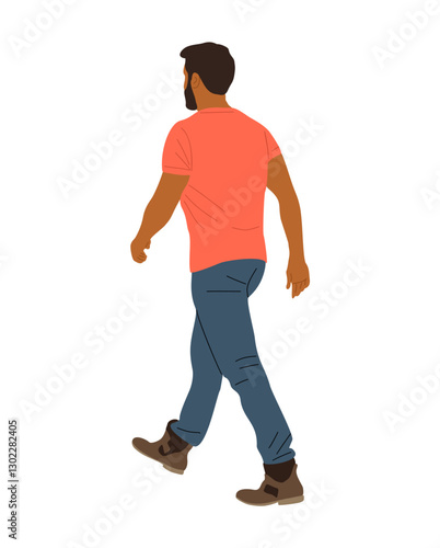 Young man walking Back View. Cartoon Male Character Wearing casual summer street fashion outfit Rear View vector realistic illustration Isolated