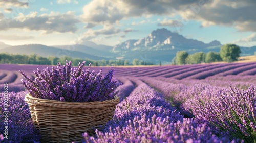 Fototapeta Naklejka Na Ścianę i Meble -  A fresh lavender bunch in a wicker basket in a sunny Provence lavender field.