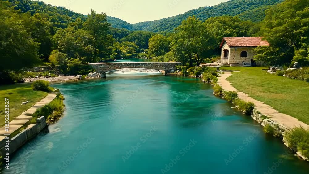 Serene river flowing through lush greenery with a quaint bridge and rustic house nearby Serene river flowing through lush greenery with a quaint bridge and rustic house nearby