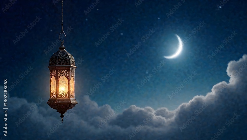 A glowing ornate Ramadan lantern (fanous) placed near a crescent moon against a deep blue starry sky A glowing ornate Ramadan lantern (fanous) placed near a crescent moon against a deep blue starry sky