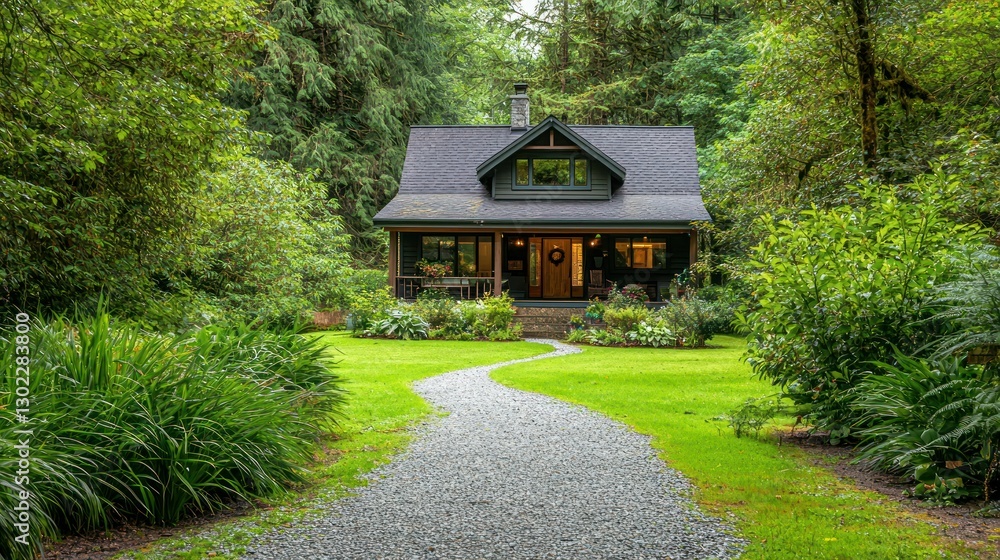 A cozy countryside house surrounded by lush green trees and a gravel path leading to the door. A cozy countryside house surrounded by lush green trees and a gravel path leading to the door.