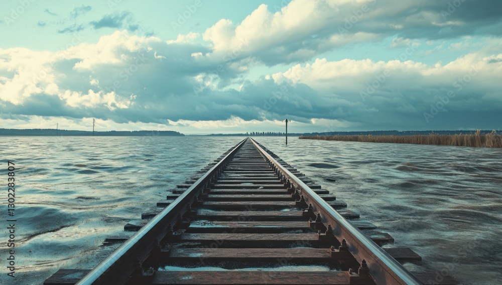Fototapeta premium Submerged Rails Leading to Horizon, Watery Landscape