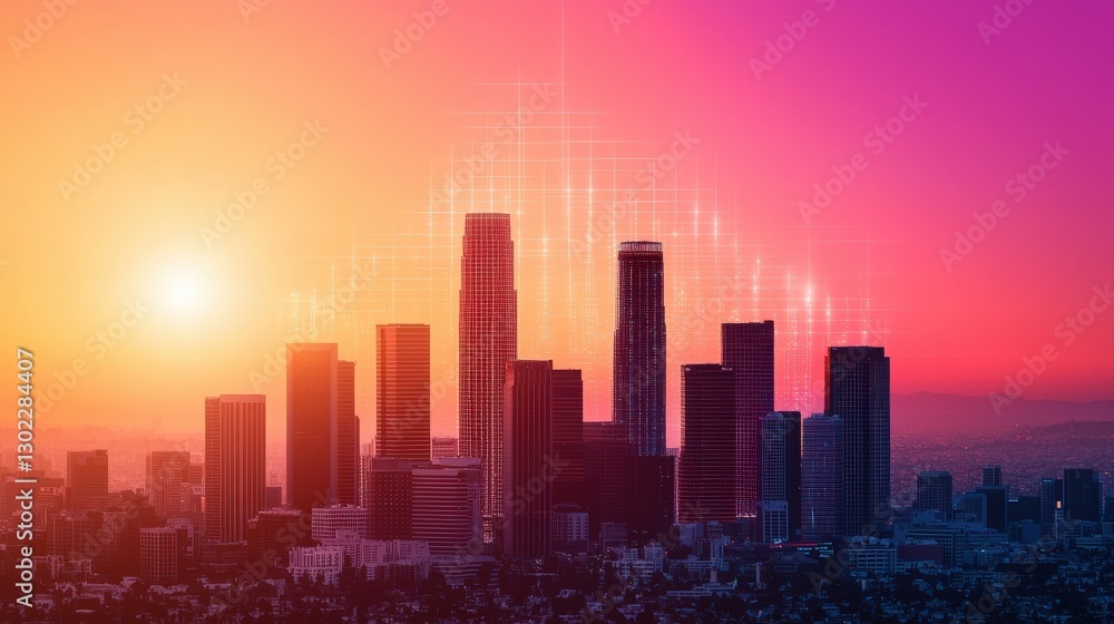 Fototapeta premium A vibrant sunset over a city skyline, featuring tall buildings against a gradient sky of purple, orange, and pink hues.
