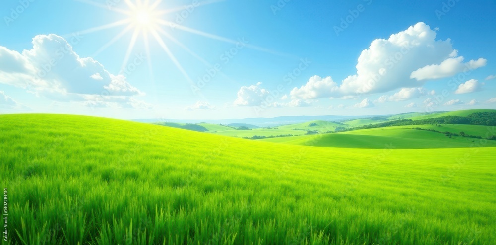 Vast emerald meadow, sun-drenched, gently swaying, sunny, summer, open space Vast emerald meadow, sun-drenched, gently swaying, sunny, summer, open space