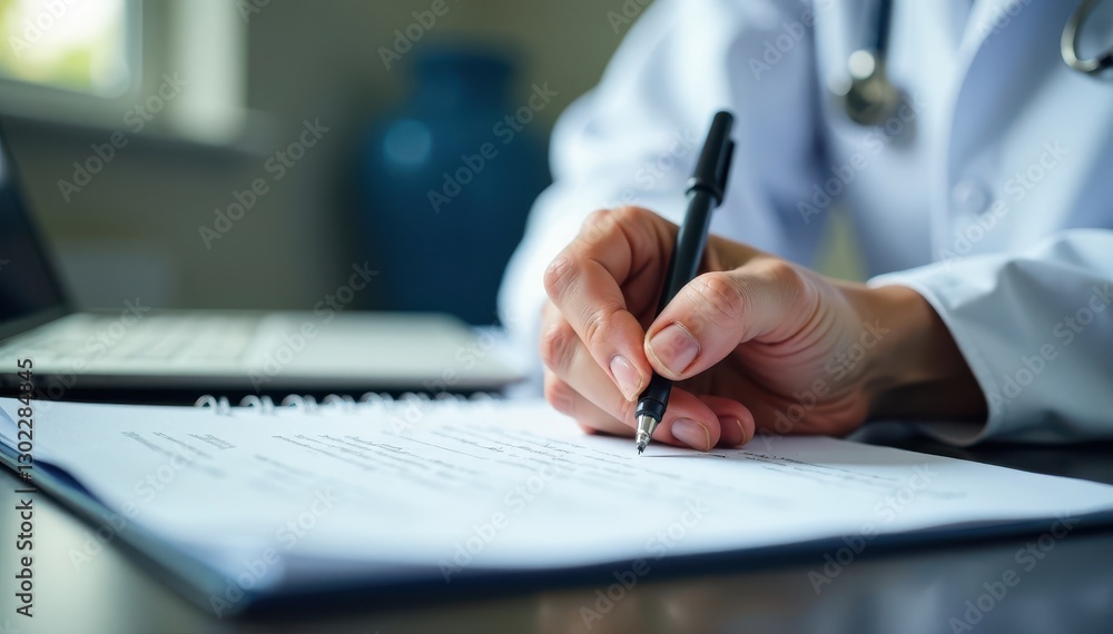 Close-up of doctor's hands writing patient notes, substance abuse treatment , paperwork, work Close-up of doctor's hands writing patient notes, substance abuse treatment , paperwork, work