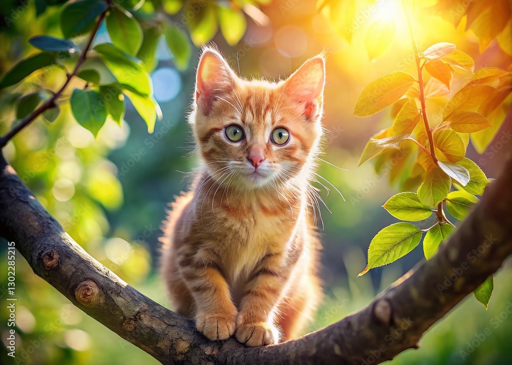 Adorable Ginger Kitten Playing in Tree, Copy Space for Text Adorable Ginger Kitten Playing in Tree, Copy Space for Text