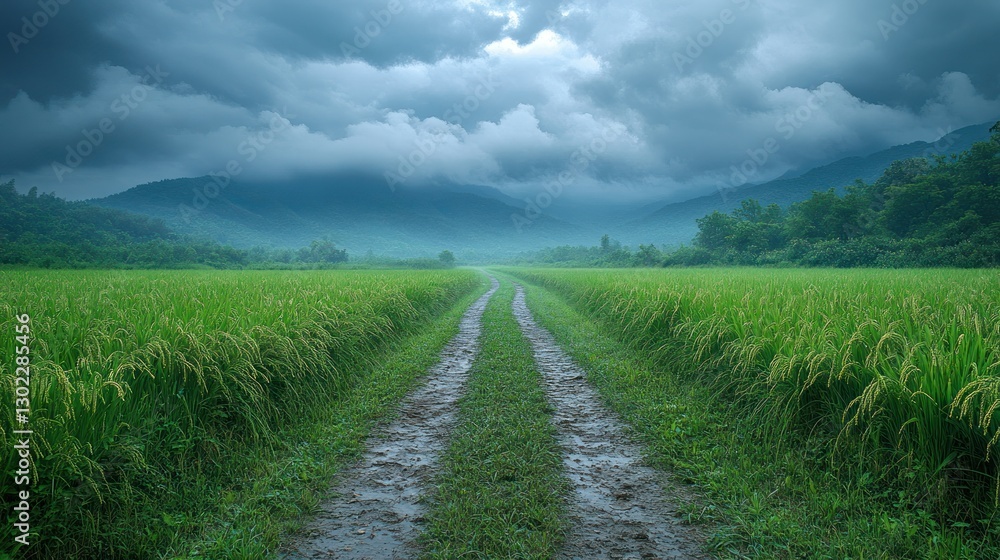 Rural road through rice paddy, mountain backdrop, storm clouds, travel Rural road through rice paddy, mountain backdrop, storm clouds, travel