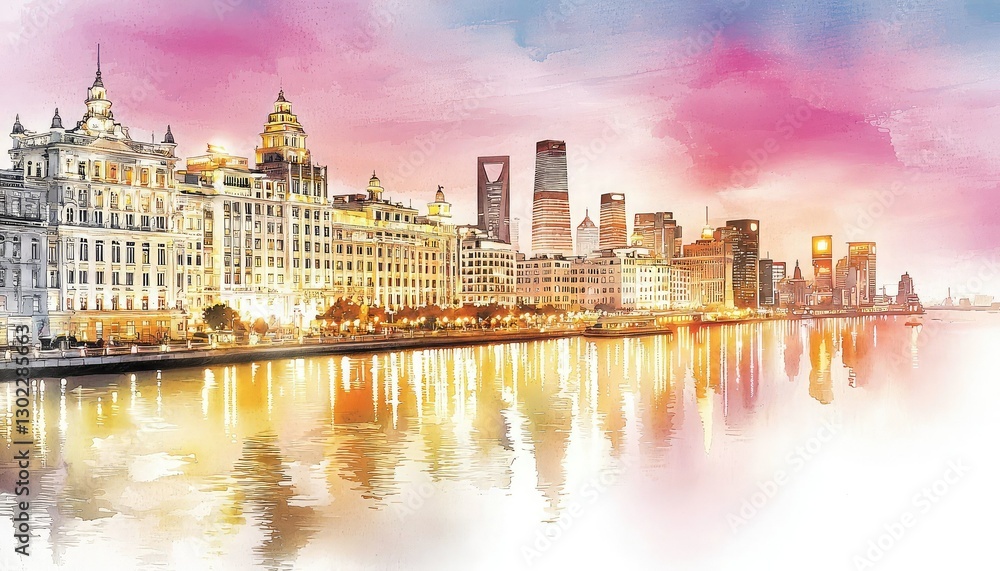 A vibrant watercolor depiction of a skyline featuring modern and historic architecture reflected in calm waters during sunset. A vibrant watercolor depiction of a skyline featuring modern and historic architecture reflected in calm waters during sunset.