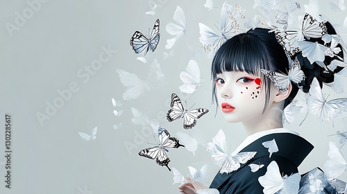 Elegant Geisha with White Butterflies: A Digital Painting AI Generated