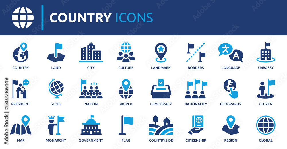 Obraz premium Country icon set. Containing flag, nation, citizen, land, world, government, landmark, borders and more. Solid vector icons collection.