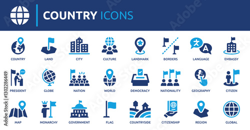 Country icon set. Containing flag, nation, citizen, land, world, government, landmark, borders and more. Solid vector icons collection.