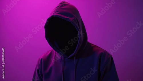 Incognito. A man in a hoodie without a face. Purple background. Cyberpunk. Anonymous.