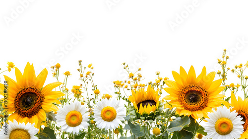 Sunflower and wild daisy floral border with rustic charm, on white background
