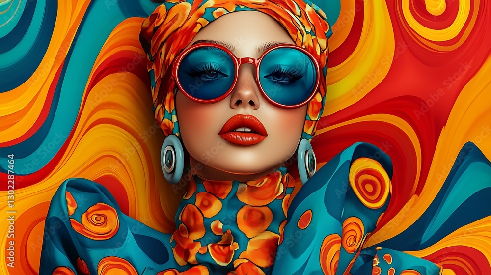 Vibrant Digital Painting of a Woman in Retro-Inspired Fashion, Swirling Color Background AI Generated Vibrant Digital Painting of a Woman in Retro-Inspired Fashion, Swirling Color Background AI Generated