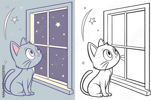 A curious kitten sitting on a windowsill, staring at a starry sky.