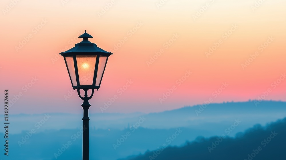 Streetlight at sunset with colorful sky and hills in the background. Beautiful landscape with street lamp. Streetlight at sunset with colorful sky and hills in the background. Beautiful landscape with street lamp.