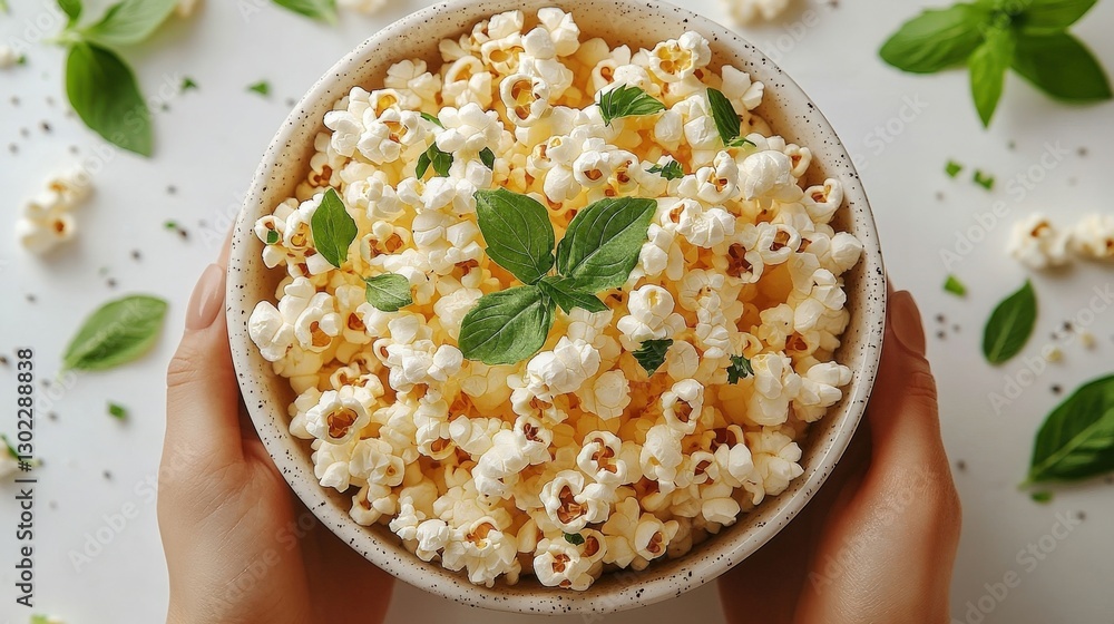 Overhead View of Hands Holding Bowl of Popcorn with Mint and Basil Overhead View of Hands Holding Bowl of Popcorn with Mint and Basil
