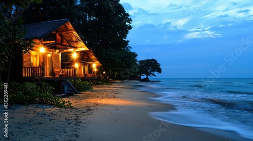 Fototapeta Naklejka Na Ścianę i Meble -  A night view of a beach bungalow with soft lighting and waves crashing nearby.