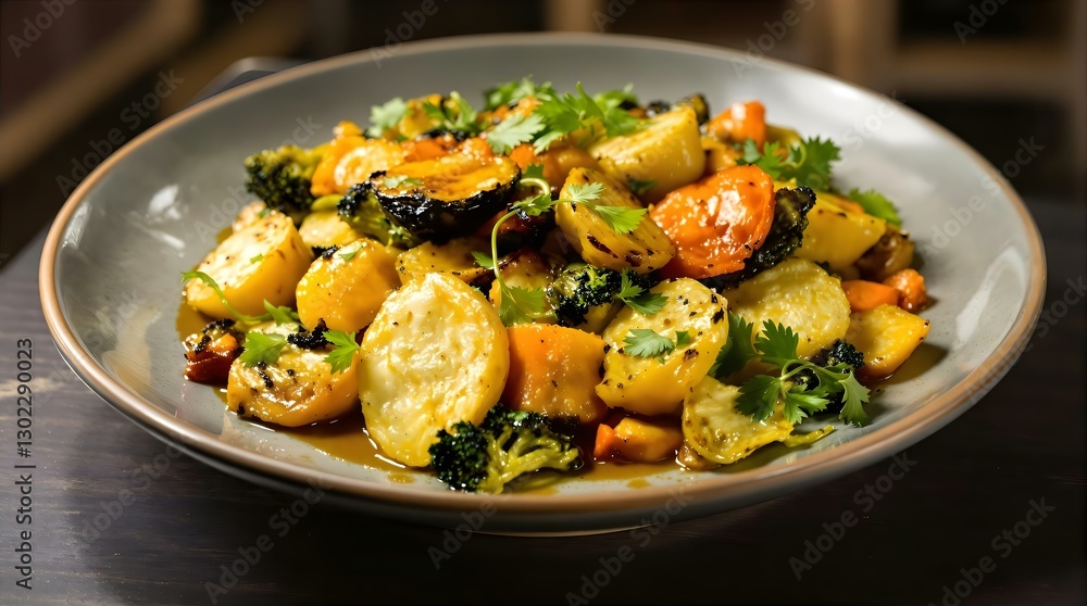 Roasted Vegetable Medley: Golden Potatoes, Broccoli, Carrots, and Cilantro in a Rustic Bowl - Healthy Vegetarian Dish Roasted Vegetable Medley: Golden Potatoes, Broccoli, Carrots, and Cilantro in a Rustic Bowl - Healthy Vegetarian Dish